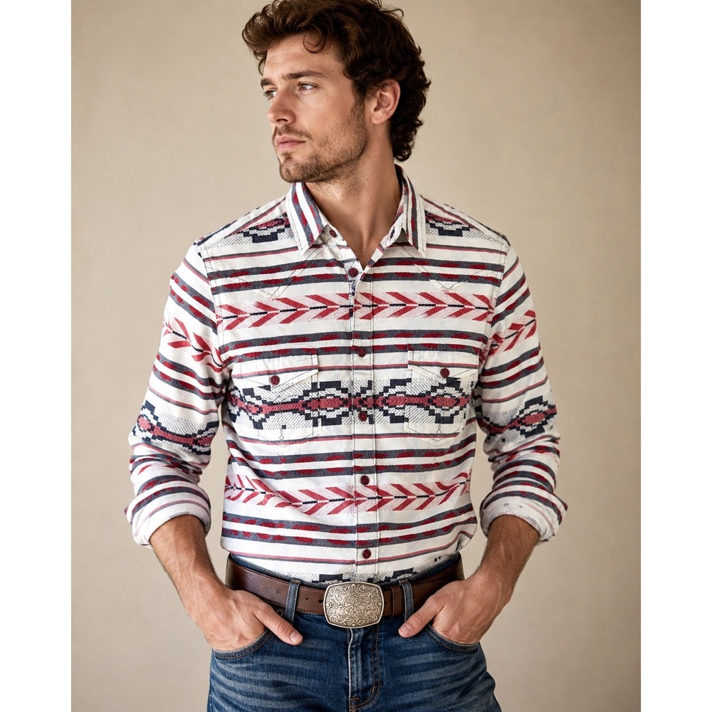 Ryan Michael Mens Western Snap Shirt Medium Southwestern Print Cotton Red Blue